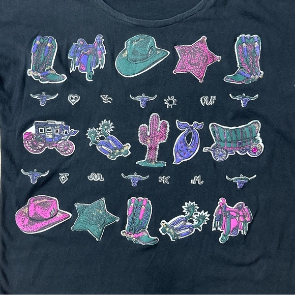 Vintage Western Cowboy Cowgirl Themed T-shirt Puff Purple Pink & Green Design - Picture 2 of 6